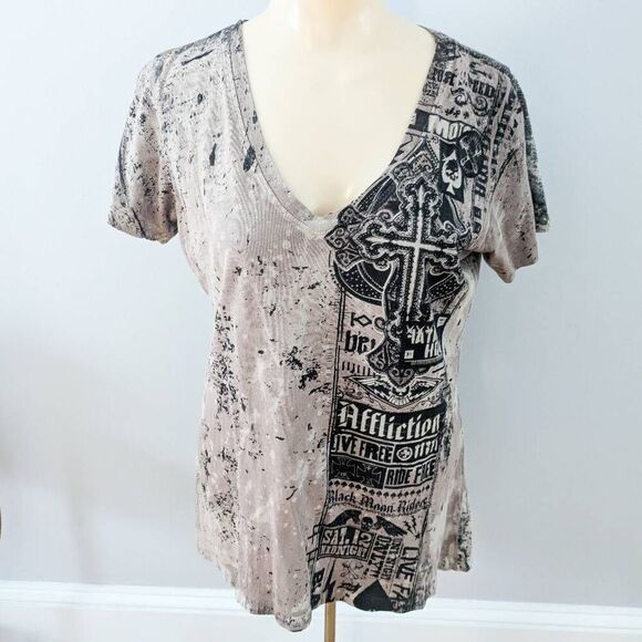 Affliction Women's Northbound V-Neck Taupe T-shirt - Picture 3 of 6